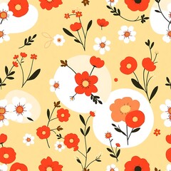 Floral Delight: A vibrant and cheerful seamless pattern featuring a whimsical array of red and white flowers on a soft yellow background.