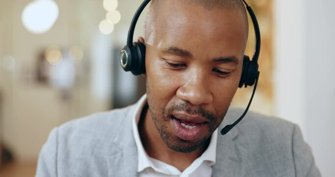 Headset, customer support and black man agent in office for crm conversation for online consultation. Technology, assistant and African male telemarketing operator for call center in workplace.
