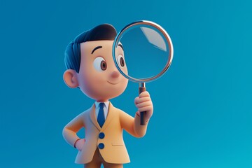 3d tiny businessman hand holding a magnifier. Search banner, business analysis, find job concept. Loupe render, detective glass tool. Vector illustration in cartoon and plastic style