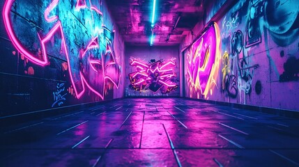 Neon Graffiti Art Illuminates Dark Urban Corridor