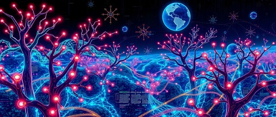 Obraz premium Whimsical Night Scene with Illuminated Trees and Launching Rocket