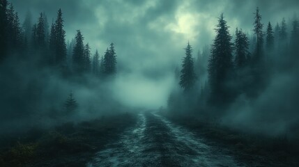 A misty forest road surrounded by tall trees, evoking a mysterious and eerie atmosphere.