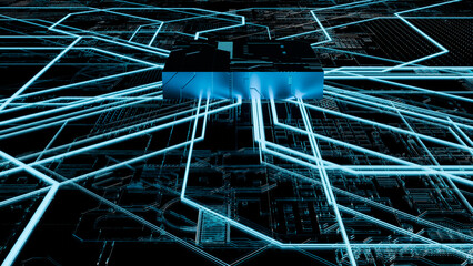 3d rendering of a central processor with blue luminous connections, representing the power of modern computing and the complexity of data processing systems.