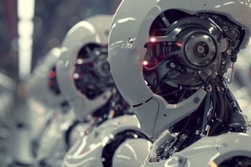 Fototapeta premium A group of robots with red eyes and glowing heads
