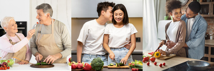 A collection depicting young couples and older partners preparing meals side by side. Each scene showcases affection and connection during their shared cooking experiences in cozy kitchens.