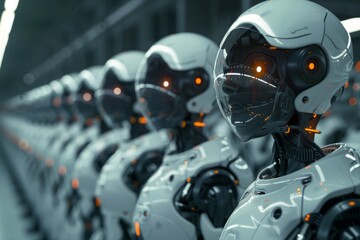 Fototapeta premium A group of robots with red eyes and glowing heads