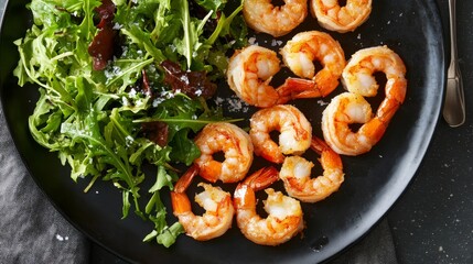 Juicy Shrimp and Fresh Salad on Black Plate Ready for Serving