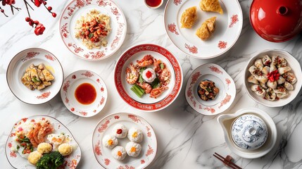 Traditional Chinese Cuisine Spread on Marble Table with Elegant Red and White Dishware. Concept of Cultural Celebration, Culinary Art, Festive Dining, and Family Gatherings. Chinese New Year