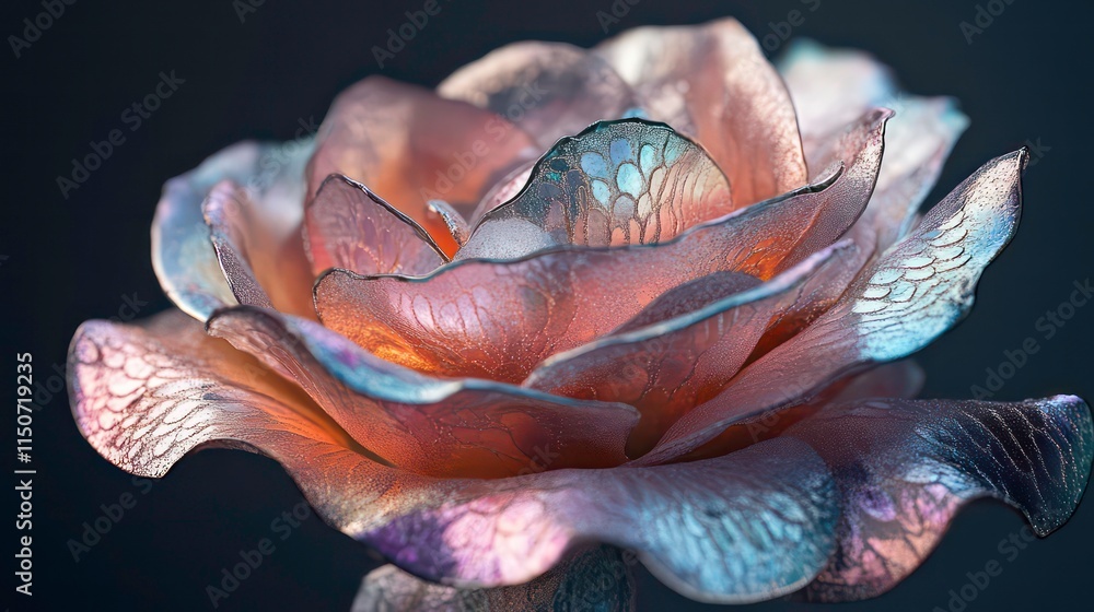 Poster close-up of an iridescent, metallic rose with intricate details and soft lighting against a dark bac