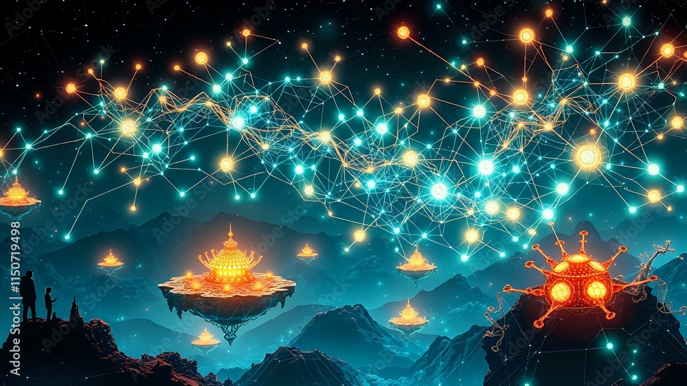 Poster futuristic bioluminescent landscape with floating island data visualization