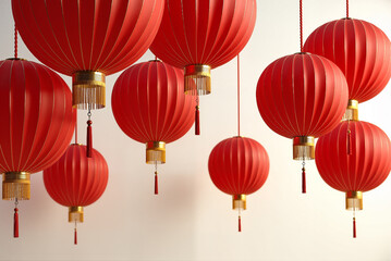 Red Chinese Lanterns hanging from the ceiling, red lamps festival.