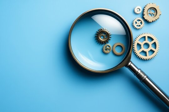 Magnifying glass and gears on blue background representing seo audit and analysis.