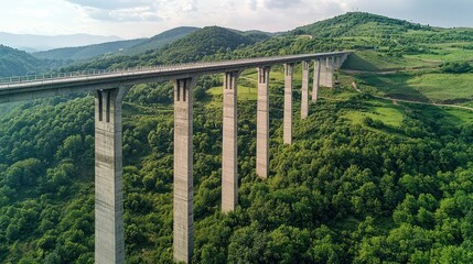 Tall concrete bridge towering above a green forest, connecting two hills
