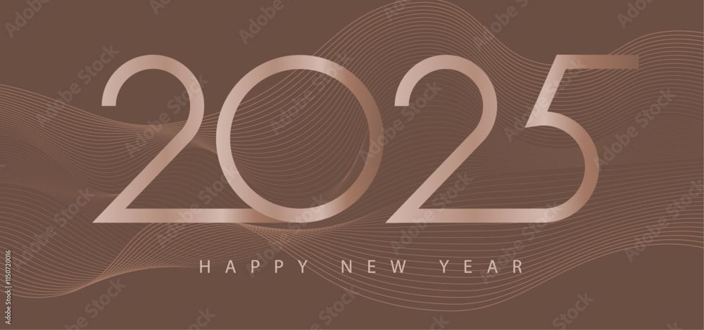 Aufkleber Happy New Year banner. 2025 modern text vector luxury design background with abstract mocha mousse color wave line pattern. Happy new year gritting card.