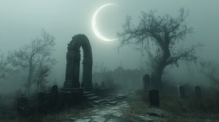 A misty graveyard scene with ruins and a crescent moon, evoking a haunting atmosphere.