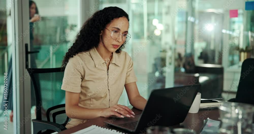 Poster Laptop, review and thinking with business woman in office for programming or troubleshooting. Administration, computer and web development with employee at work for application or software coding