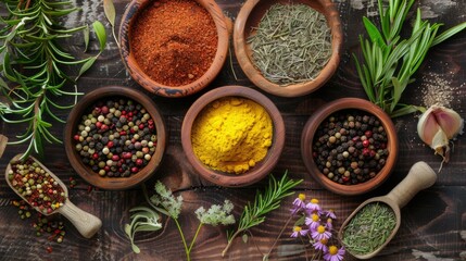 Herbs and Spices in Wooden Bowls on Rustic Table