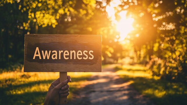 Hand holding wooden sign with "Awareness" in sunlit park.