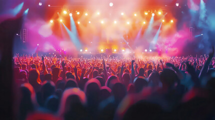 A vibrant abstract representation of a music festival, with lights and energetic crowds