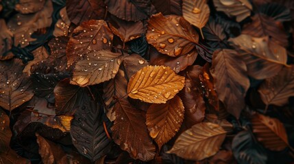 Autumn leaves in a textured pile on dark ground