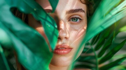 Woman peeking through tropical leaves