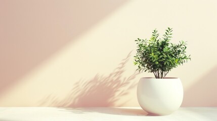 Minimalist white vase with green plant in sunlight