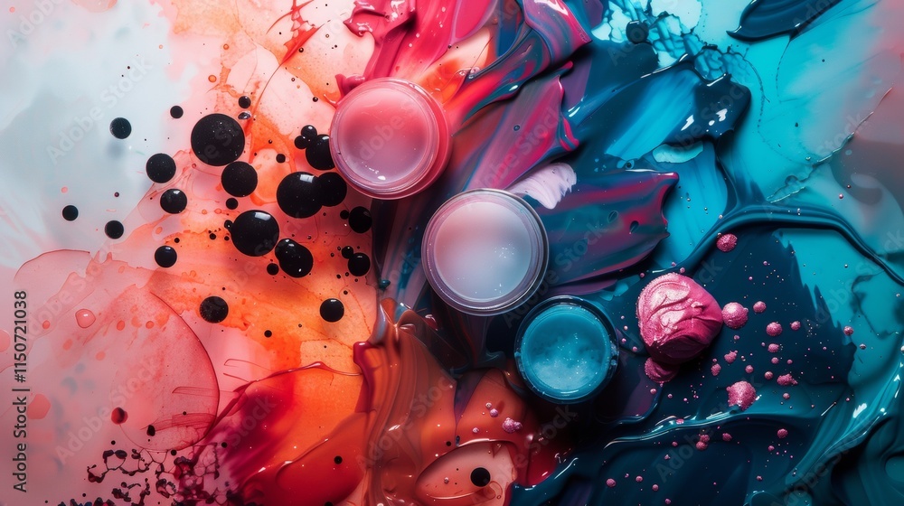 Poster dynamic splashes of colorful liquid on dark background