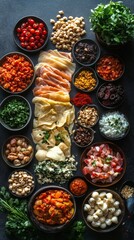 Fototapeta premium Colorful assortment of fresh dishes displayed on a dark table for a festive gathering in a vibrant kitchen