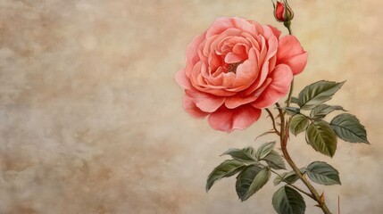 A single, peach-colored rose in full bloom with leaves and thorns, against a textured beige background.