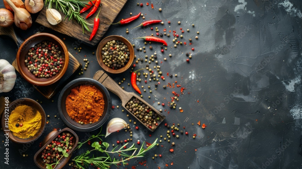 Poster assorted spices in rustic bowls on a textured surface