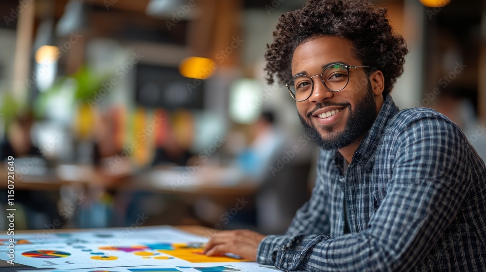 Poster creative professional in a mustard blazer smiling while working at a desk in a modern workspace