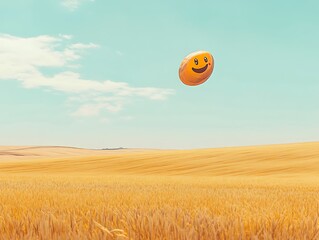 A radiant emoji airplane gliding over a golden field under a soft blue sky