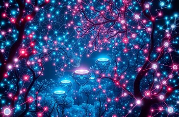 Cybernetic Art Nouveau Night Sky with Bioluminescent Trees