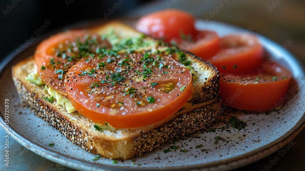 Poster avocado toast with cherry tomatoes and fresh basil on rustic table
