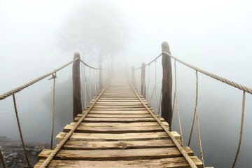 Fototapeta premium Wooden plank and rope bridge leading into a dense fog, with trees barely visible in the distance