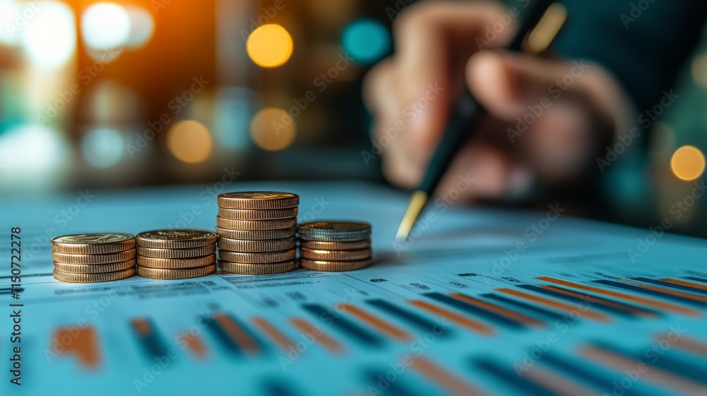 Poster stacked coins and financial analysis with charts in a business setting during the evening hours