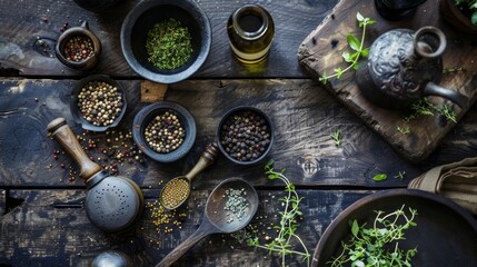 Rustic spices and herbs in bowls on wooden table