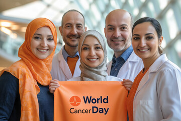 Diverse healthcare professionals supporting World Cancer Day with a bright orange banner indoors.