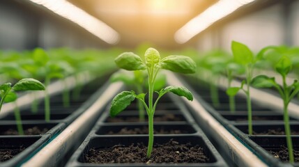 A close-up view of young plants growing in trays, illuminated by warm sunlight, showcasing the beauty of new life in a greenhouse setting.