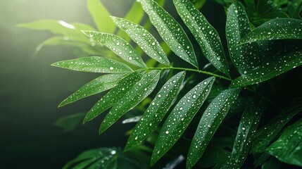 Obraz premium Close-up of lush green leaves glistening with water droplets, showcasing the beauty of nature and freshness in a serene environment.