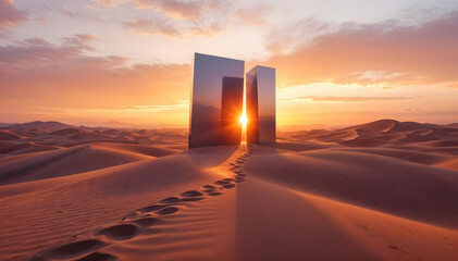 Futuristic Mirrors Reflecting Sunset in Desert Landscape