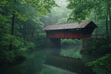 Picturesque covered bridge crossing a calm stream in a dense, foggy forest