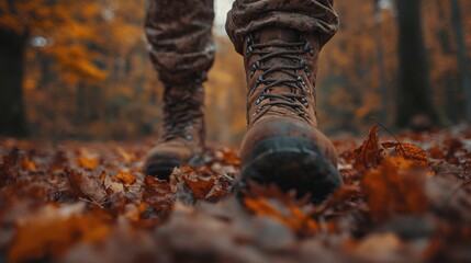Fototapeta premium Exploring autumn trails in sturdy boots with fallen leaves underfoot