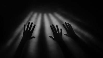 Shadow hands reaching for light rays symbolizing aspiration and hope