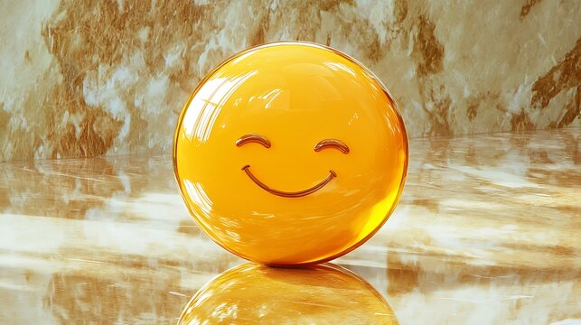 A round emoji mirror with a smiling face design placed on a glossy marble surface
