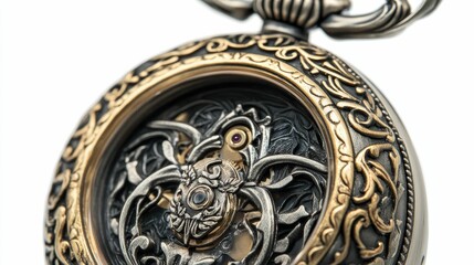 Ornate pocket watch, exposed gears, gold accents.