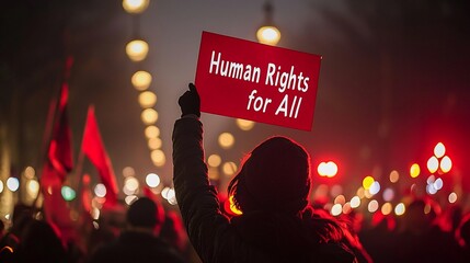 Person holding a "Human Rights for All" sign at a nighttime protest.