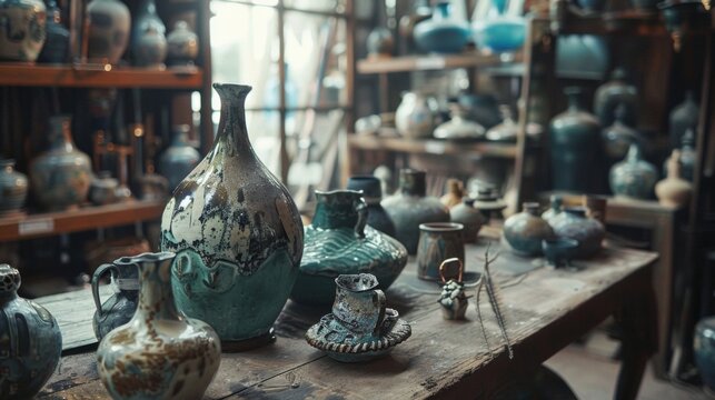 Antique pottery displayed on wooden shelves