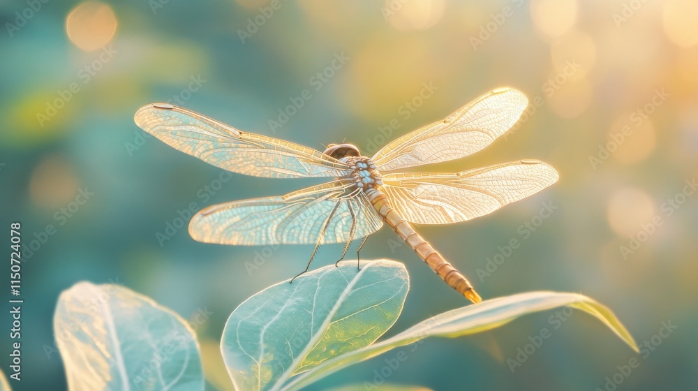 Poster delicate dragonfly resting on leaf with sunlight background