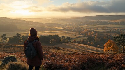 Woman admiring autumn valley sunrise.